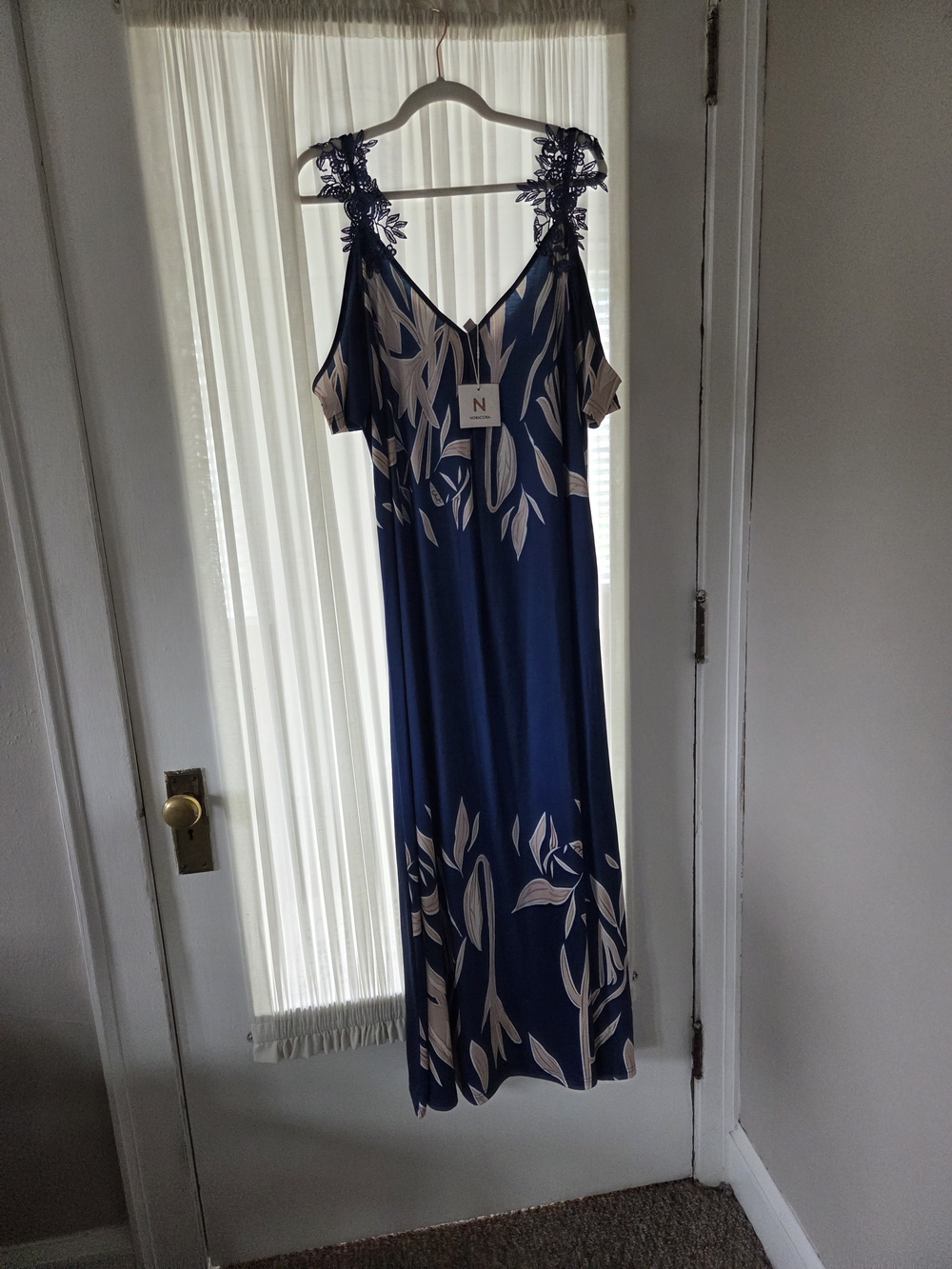 Navy Blue Floral Cold-Shoulder Maxi Dress with Lace Straps